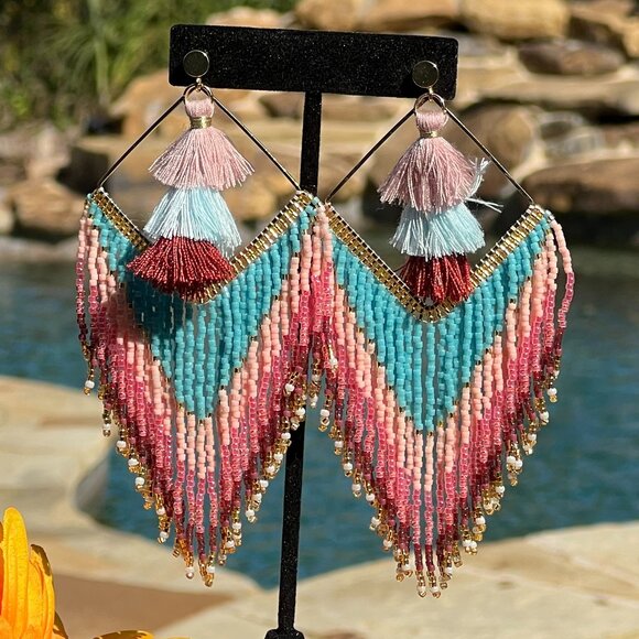 Handmade Beaded Long Tassel Fringe Dangle Drop Bohemian Post Diamond Earrings - Picture 8 of 9